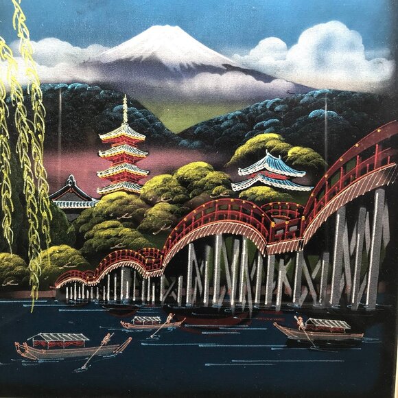 Vintage Framed Velvet Painting of Japanese Landscape with Mt. Fuji, Pagodas, Bri - Picture 2 of 4